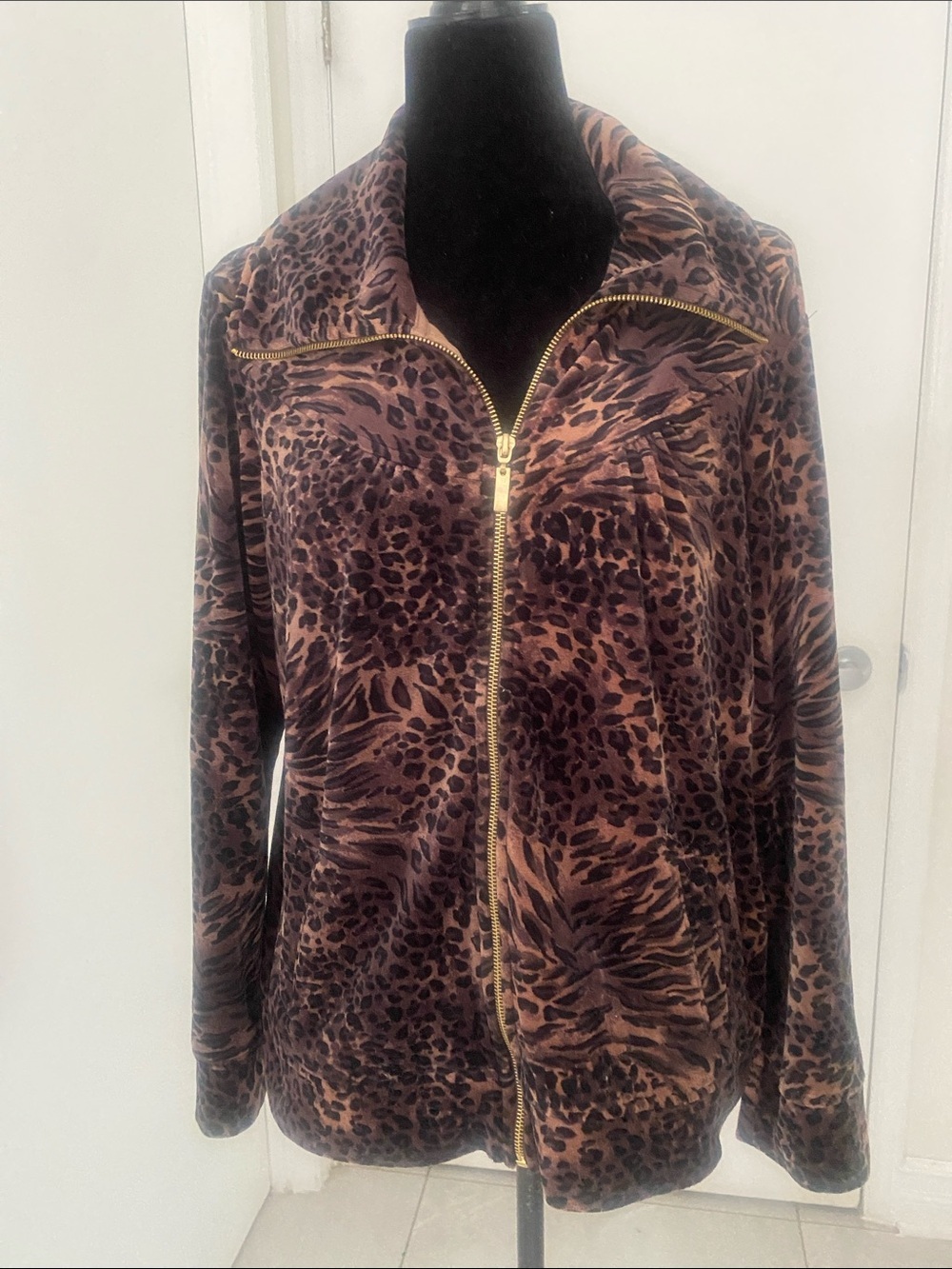 Style&Co. Sport Leopard-Print Zip Front Velvet Jacket Brown & Black Size Large